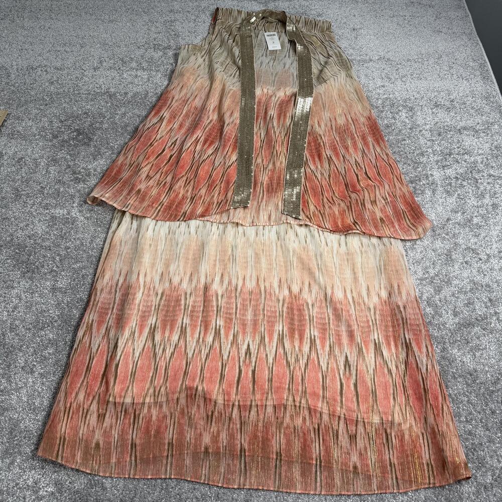 Chicos Sheer Python Vest Skirt Set Womens 12 Pink Ombre Sequin Pleated Chiffon